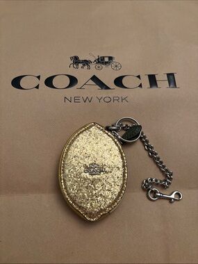 Coach Gold Glitter Leather Key & Card Holder with Chain